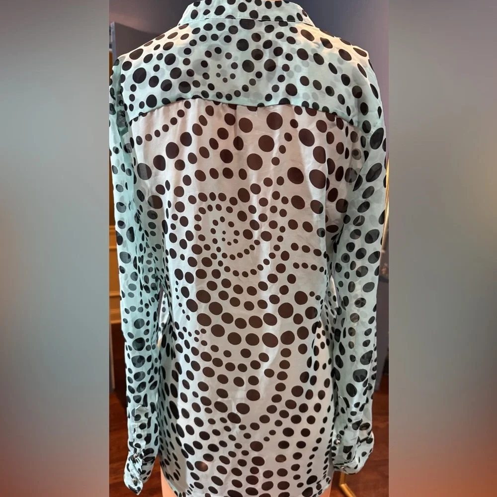 Aqua Black Polka Dot Sheer Blouse Hi Low Roll Tab Sleeve Small